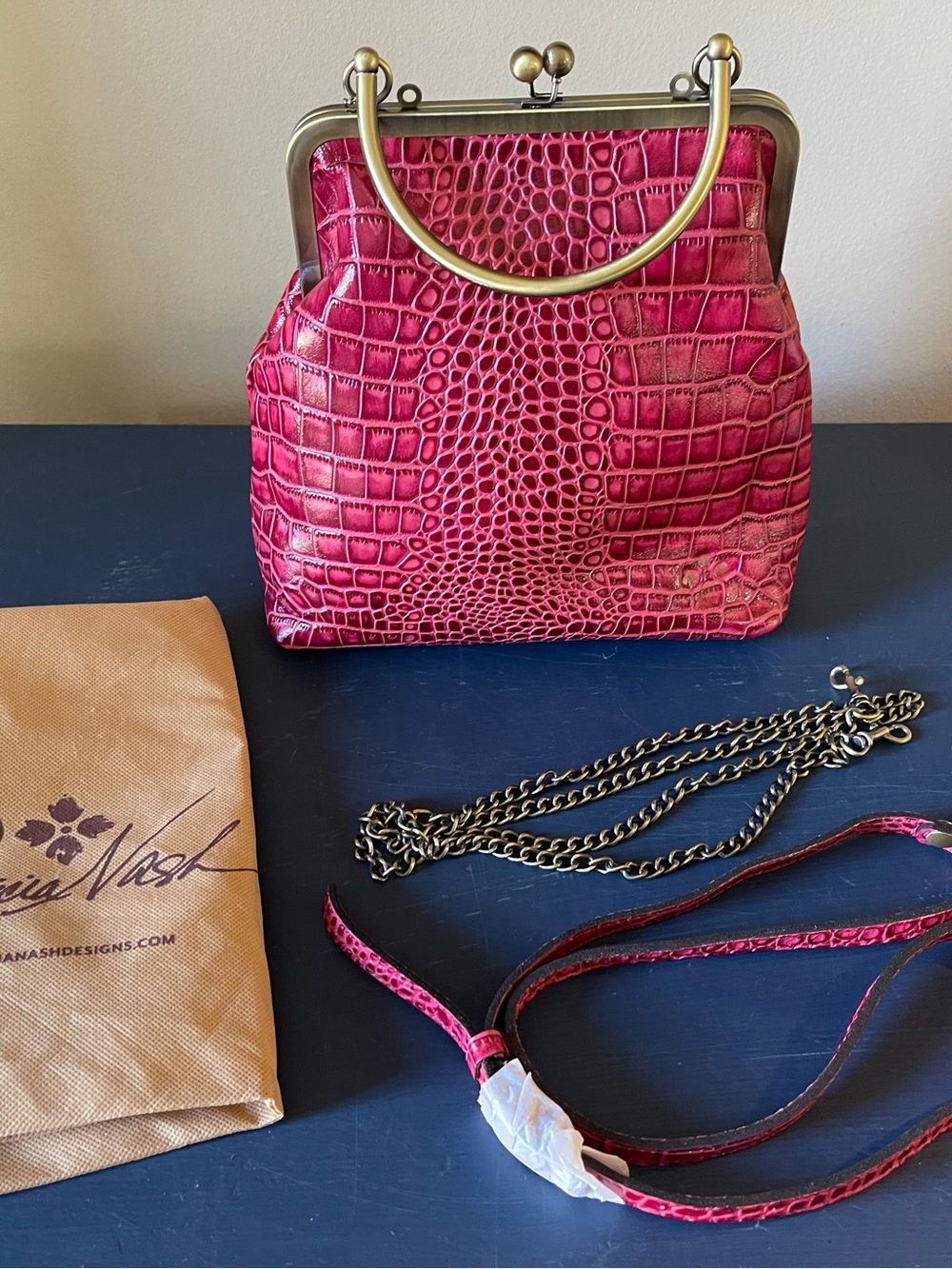 Patricia Nash Fuchsia Croc-Embossed Kiss-Lock Mini Bag with Gold Frame